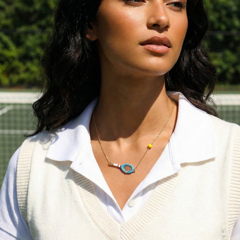 Tennis Player Racket & Ball Gold Chain Pendant Necklace NEW Sports Women Jewelry